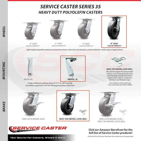 8 Inch Polyolefin Caster Set With Ball Bearing 4 Swivel Lock And 2 Brake SCC